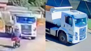 Motociclista quebra o pé após acidente causado por caminhão da Prefeitura de Goiânia; câmera flagrou tudo