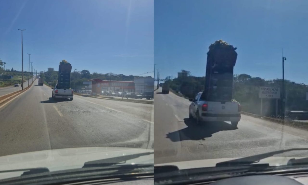 Saveiro foi flagrada transportando carga de maneira perigosa. (Foto: Reprodução)