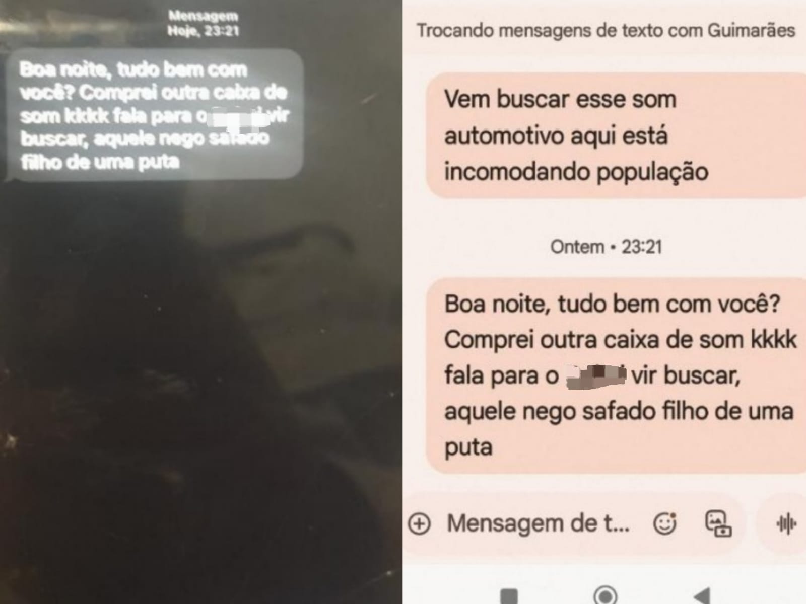 Mensagens com conteúdo racista foi enviada a um sargento da PM. (Foto: Reprodução)
