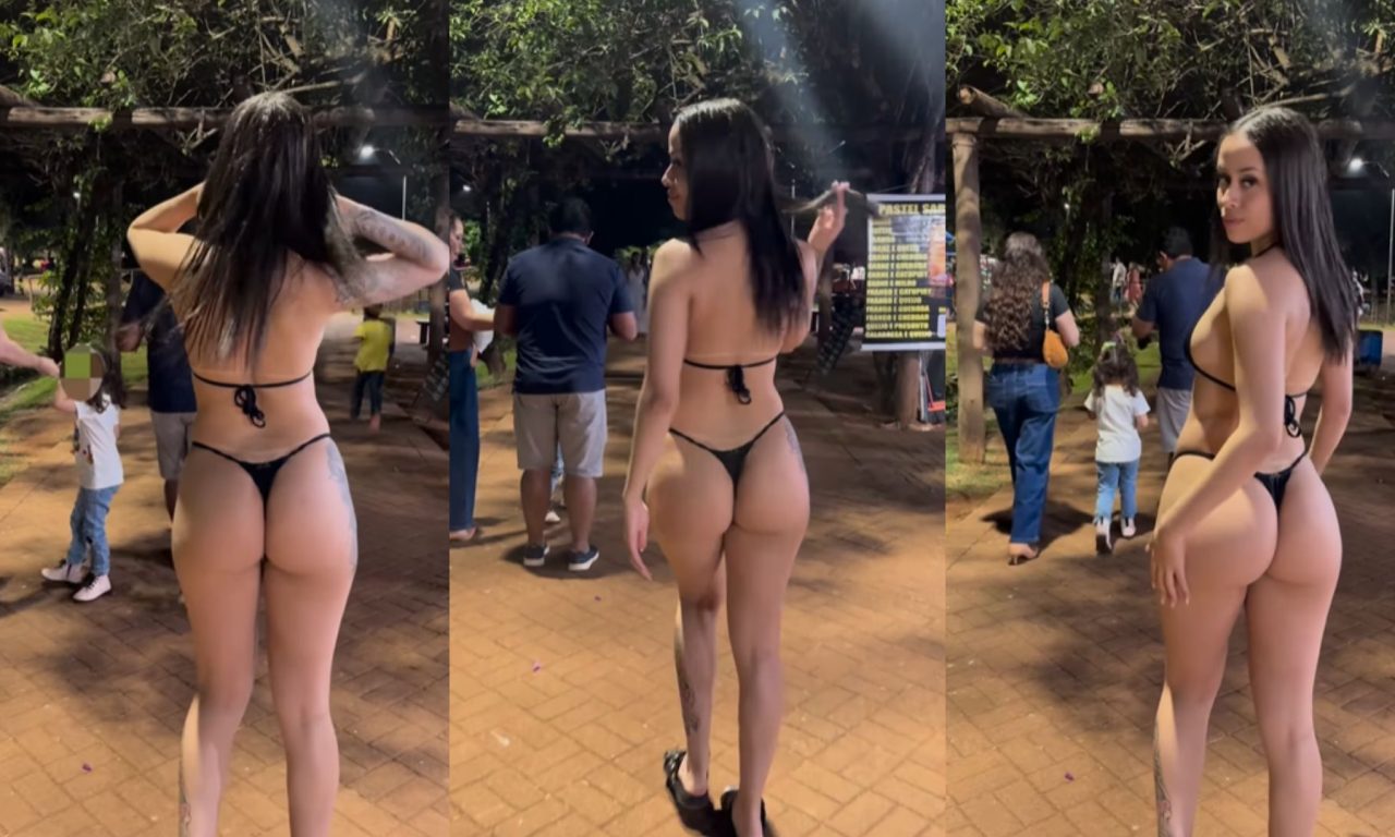 Momento em que jovem anda de biquíni pelo Parque Ipiranga foi registrado em vídeo.