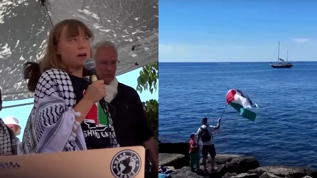Greta Thunberg a bordo do veleiro Madleen, que partiu da Itália rumo à Faixa de Gaza.