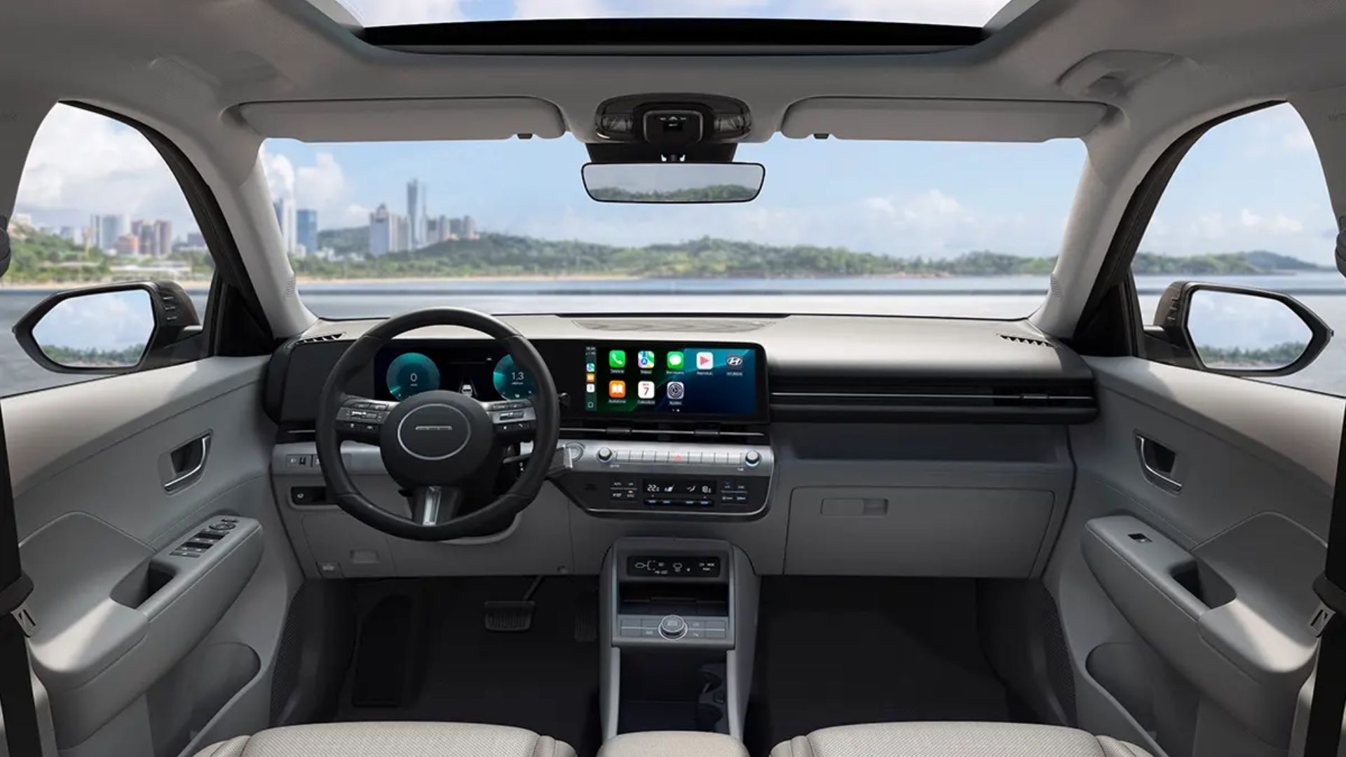 Interior do modelo Hyundai Kona Híbrido.