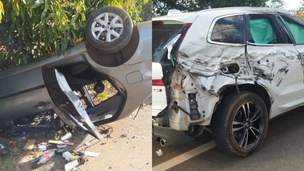 Acidente fez com que um carro capotasse e outro ficasse com a lateral destruída.