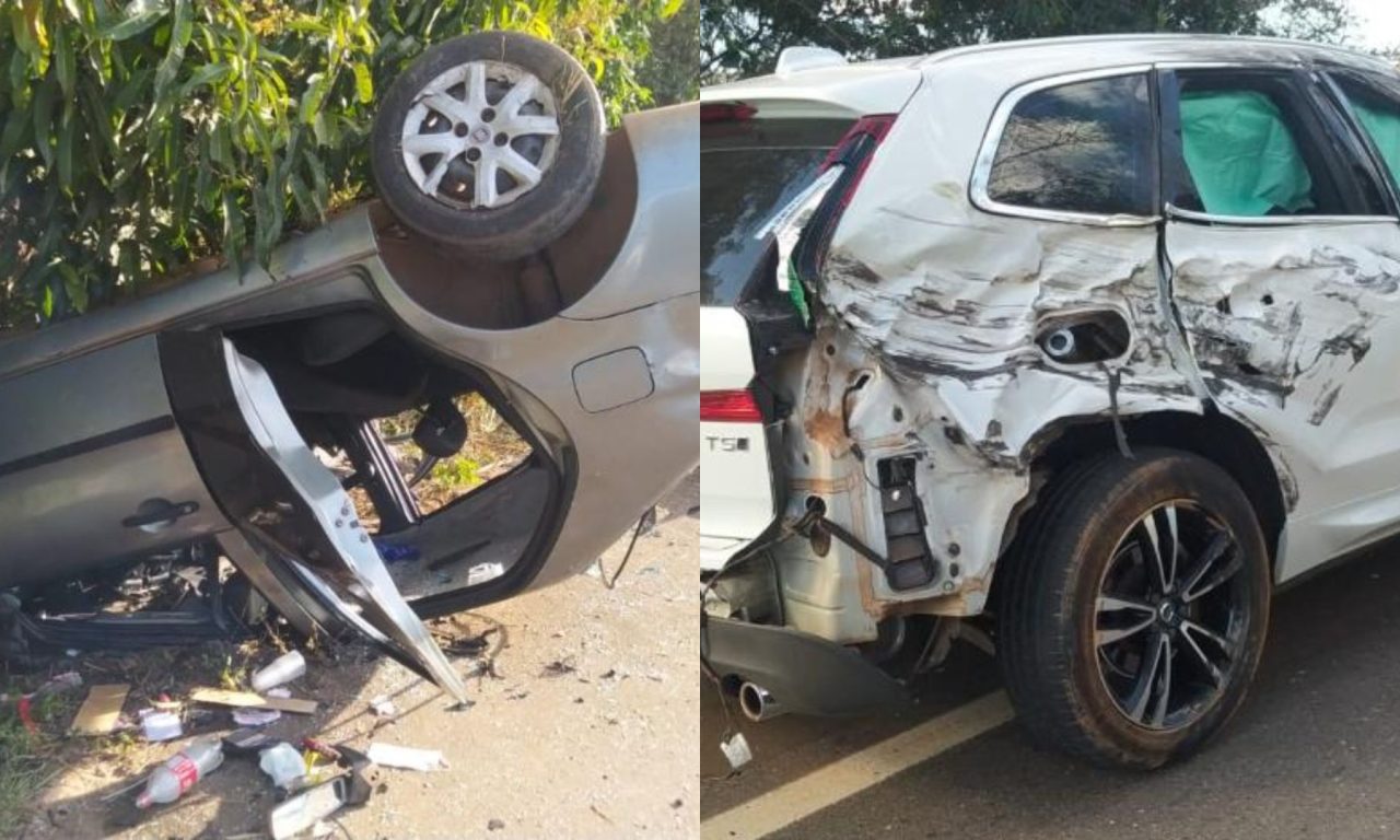 Acidente fez com que um carro capotasse e outro ficasse com a lateral destruída.