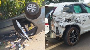 Acidente fez com que um carro capotasse e outro ficasse com a lateral destruída.