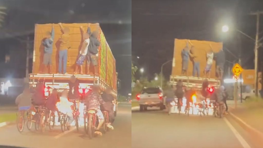 Adolescentes "pegando rabeira" foram flagrados na Avenida Pedro Ludovico.