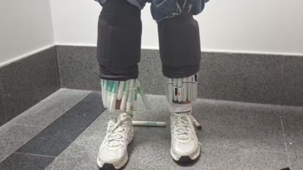 apreendeu 90 canetas injetáveis presas ao corpo da mulher.