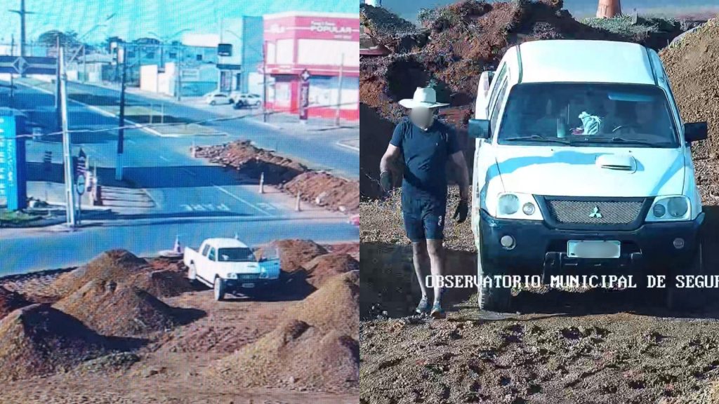 Homem foi flagrado em meio aos montes de terra nas obras do viaduto. (Foto: Reprodução)