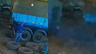 Câmeras registraram momento em que pneu explodiu na borracharia. (Foto: Reprodução)