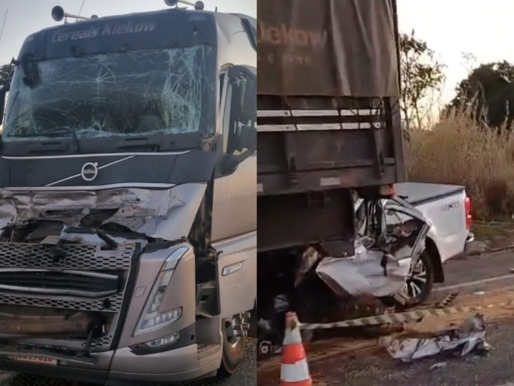 Caminhonete colidiu contra a traseira de uma das carretas em grave acidente na BR-050. (Foto: PRF)