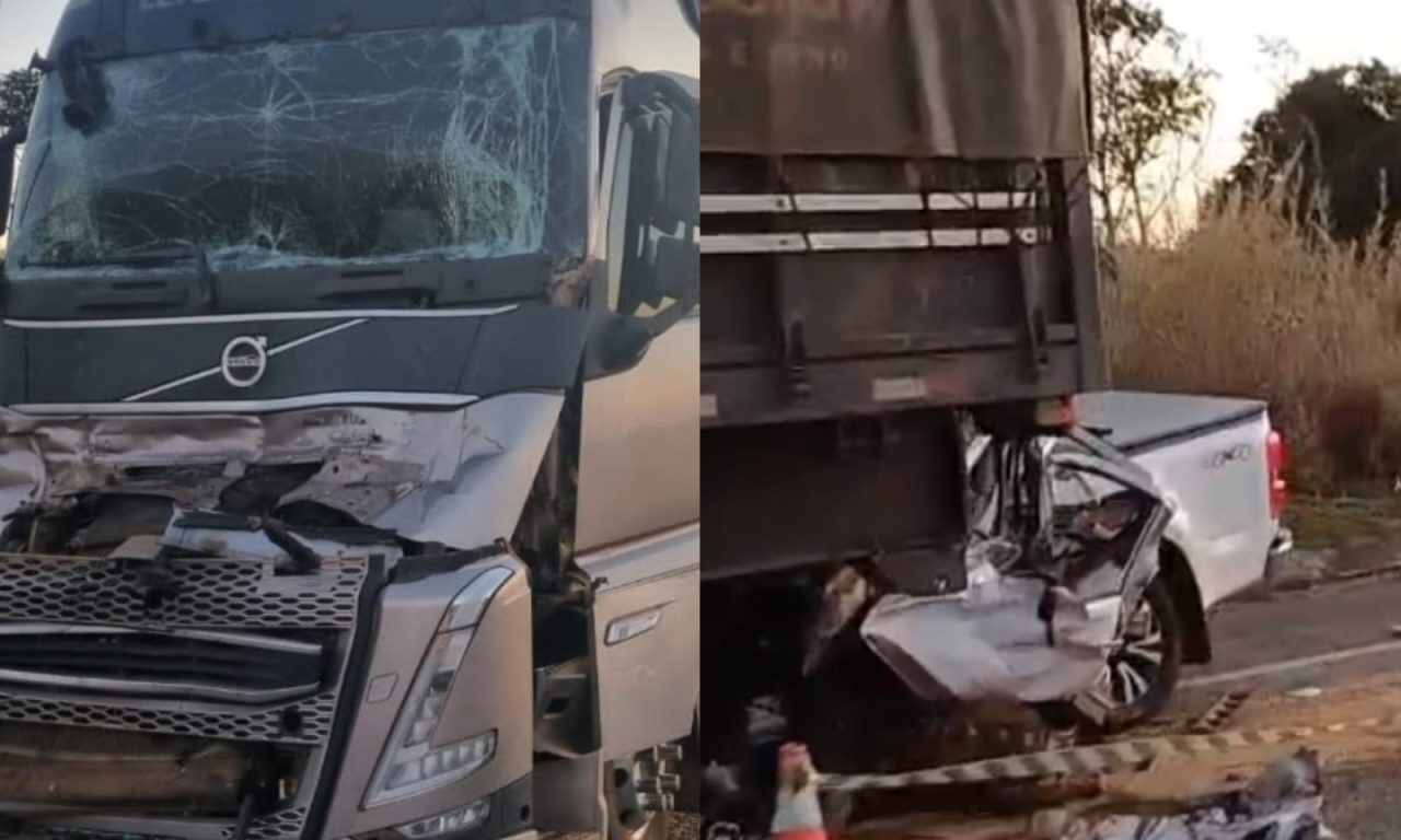 Caminhonete colidiu contra a traseira de uma das carretas em grave acidente na BR-050. (Foto: PRF)
