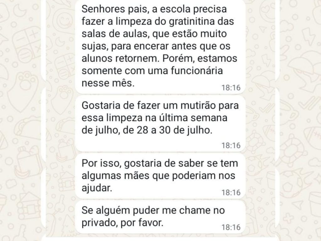 Mensagem foi enviada pela diretora do colégio no grupo dos pais. (Foto: Arquivo Pessoal)