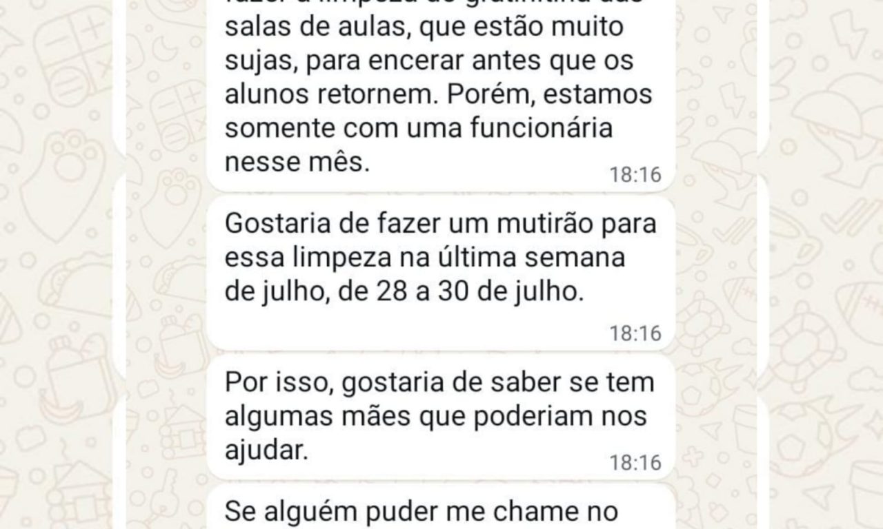 Mensagem foi enviada pela diretora do colégio no grupo dos pais. (Foto: Arquivo Pessoal)