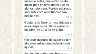 Mensagem foi enviada pela diretora do colégio no grupo dos pais. (Foto: Arquivo Pessoal)