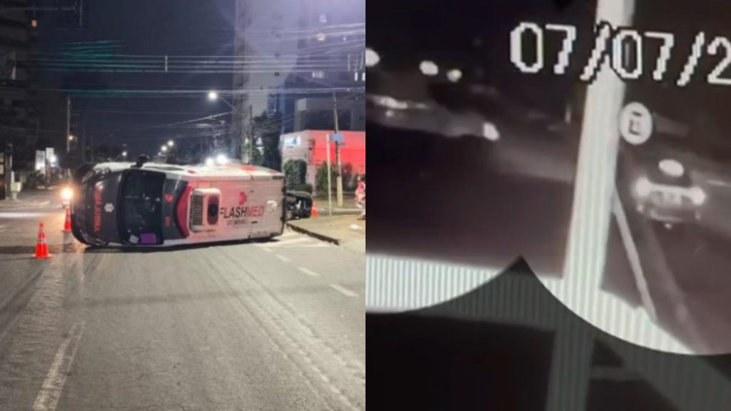 Câmeras registraram quando ambulância capotou no cruzamento.