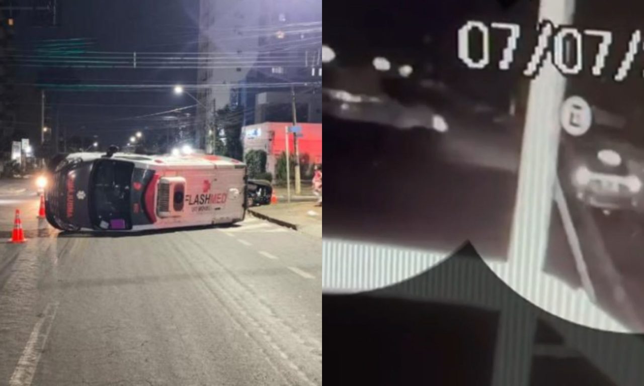 Câmeras registraram quando ambulância capotou no cruzamento.