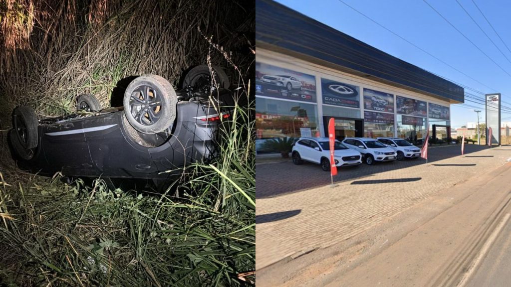 Carro que havia sido furtado de concessionária da Caoa foi encontrado capotado.