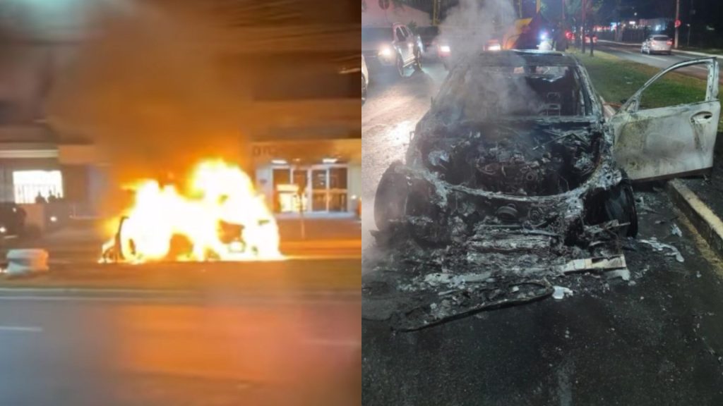 BMW 320i foi completamente tomada pelas chamas. (Foto: Raio Imortal e Reprodução)