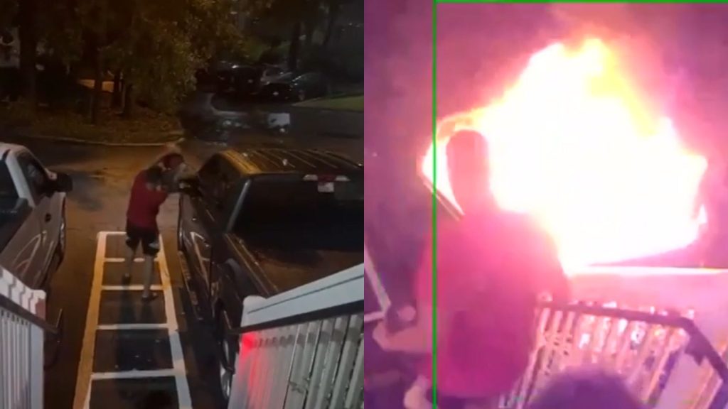 Vídeo registrou o momento em que goiano ateia fogo à caminhonete.