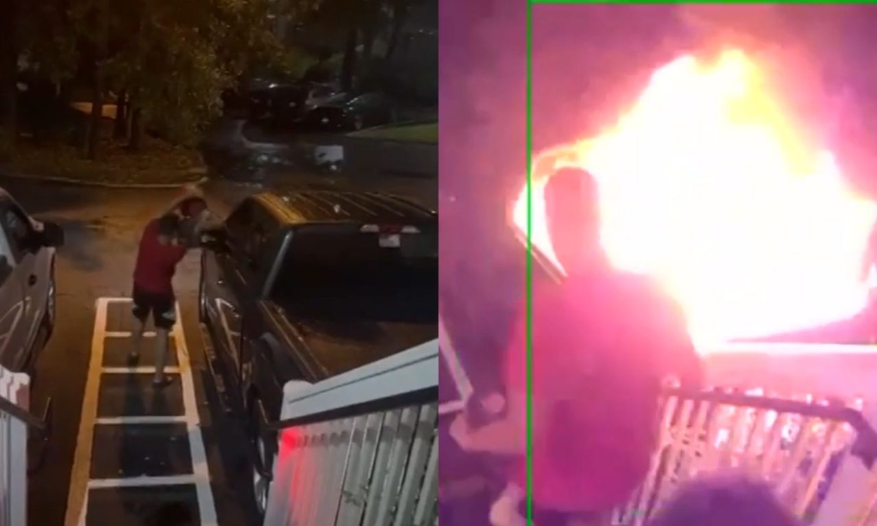 Vídeo registrou o momento em que goiano ateia fogo à caminhonete.