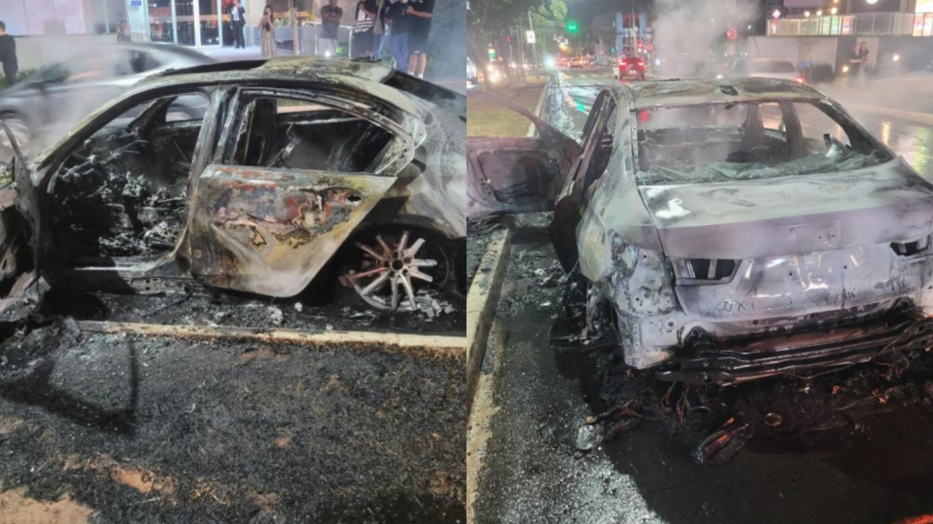 Carro ficou totalmente destruído após o incêndio.