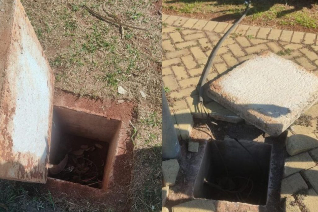 Imagem mostra fios de cobre retirados de local, em Anápolis.
