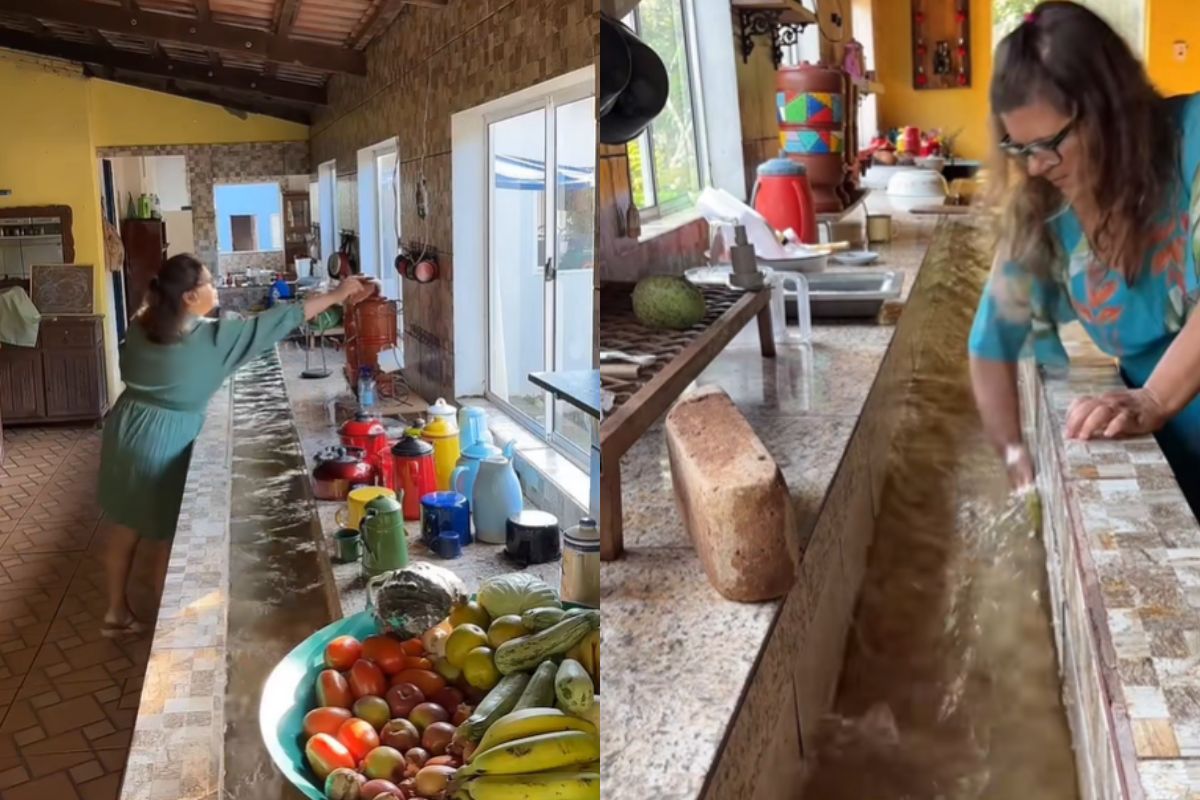 Nada de pia: mulher viraliza ao lavar louça em bica natural no meio da cozinha em Goiás
