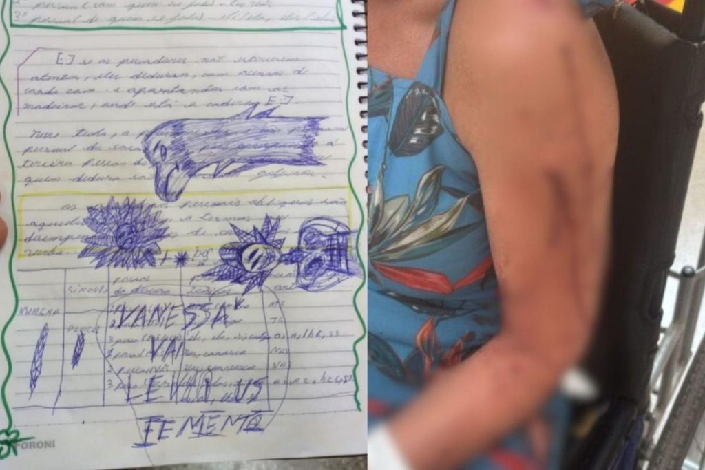 Imagem mostra caderno e ferimentos de professora após ataque de aluna.