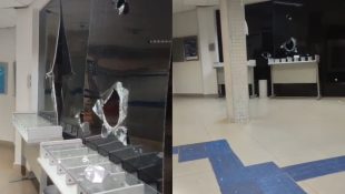 Danos na estrutura da agência pelo ato de vandalismo foram registrados em vídeo. (Foto: Reprodução)