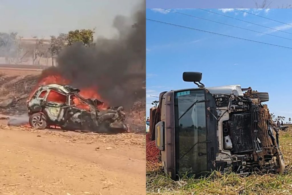 Duas pessoas morrem após carro colidir com caminhão e pegar fogo, em Goiás
