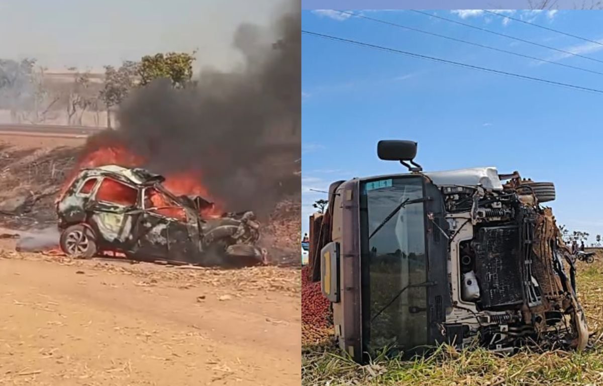 Duas pessoas morrem após carro colidir com caminhão e pegar fogo, em Goiás