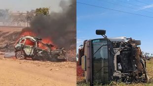 Duas pessoas morrem após carro colidir com caminhão e pegar fogo, em Goiás