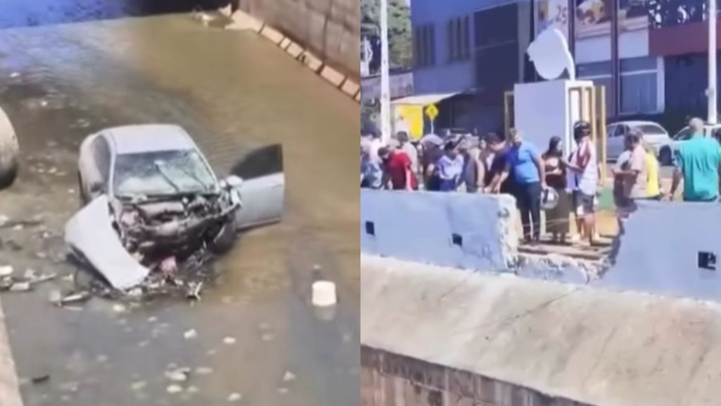 Mulher perdeu o controle do veículo e carro acabou destruído. (Foto: Reprodução/@ruycostaof)