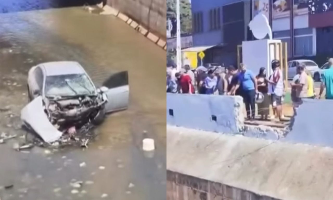 Mulher perdeu o controle do veículo e carro acabou destruído. (Foto: Reprodução/@ruycostaof)