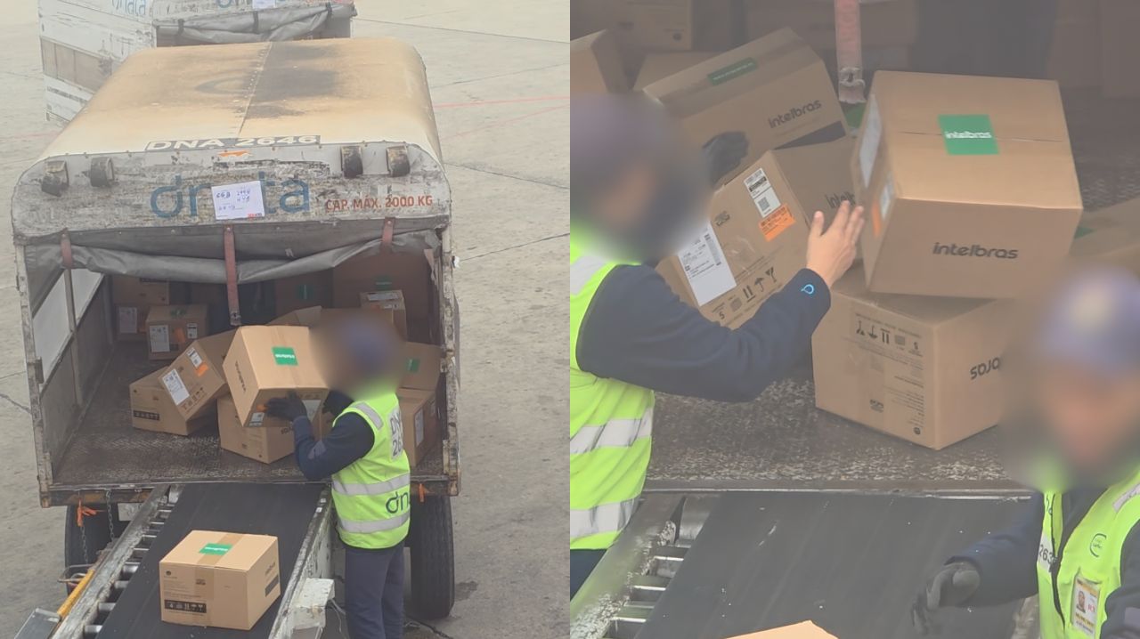 Passageiro de voo para Goiânia flagra deboche de funcionário arremessando caixas da Intelbras
