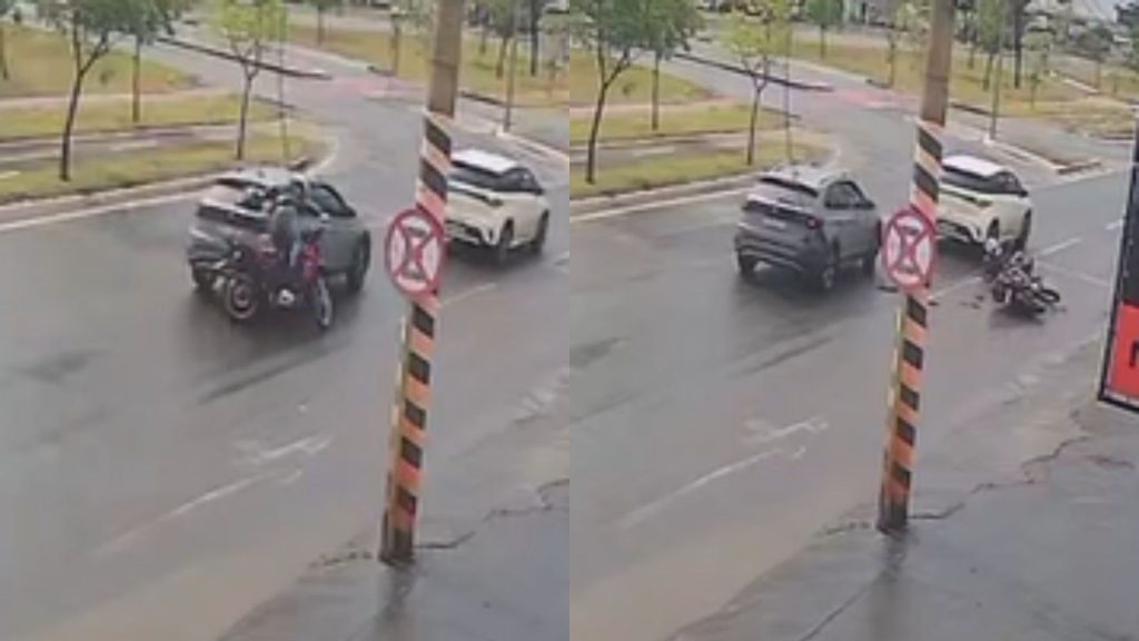 Câmera registrou momento em que motociclista se envolve em acidente.