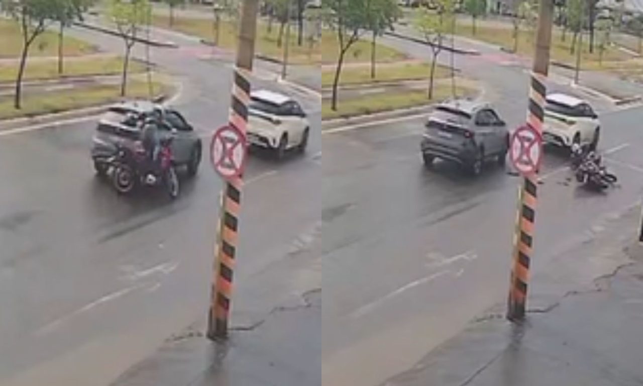 Câmera registrou momento em que motociclista se envolve em acidente.