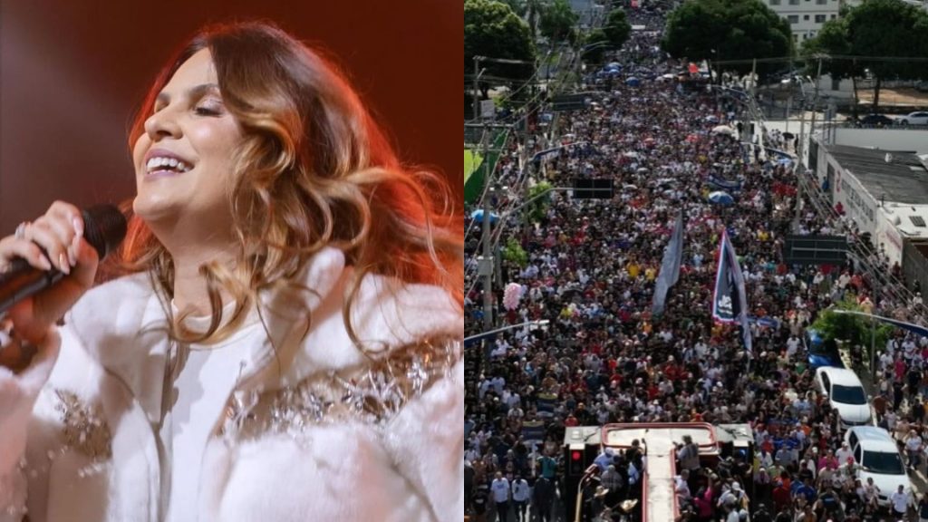 À esquerda, Aline Barros. À direita, concentração na Marcha para Jesus em Goiânia.