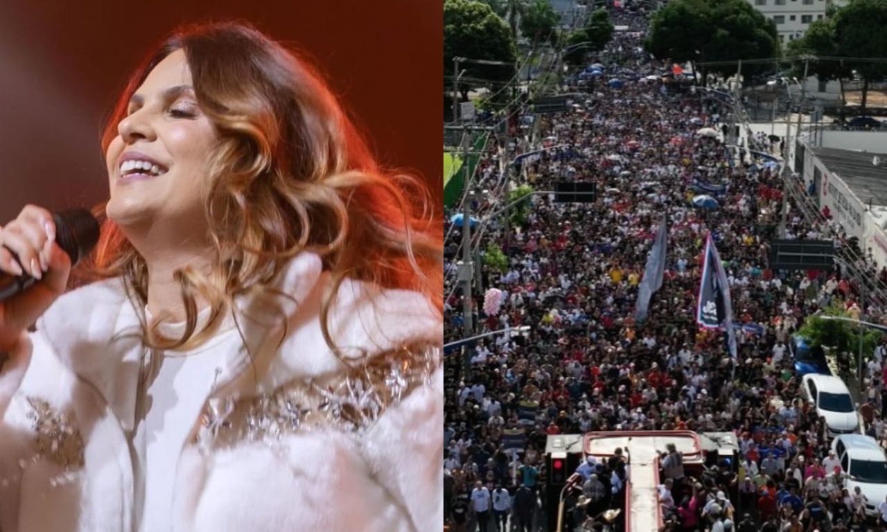 À esquerda, Aline Barros. À direita, concentração na Marcha para Jesus em Goiânia.