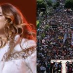 À esquerda, Aline Barros. À direita, concentração na Marcha para Jesus em Goiânia.