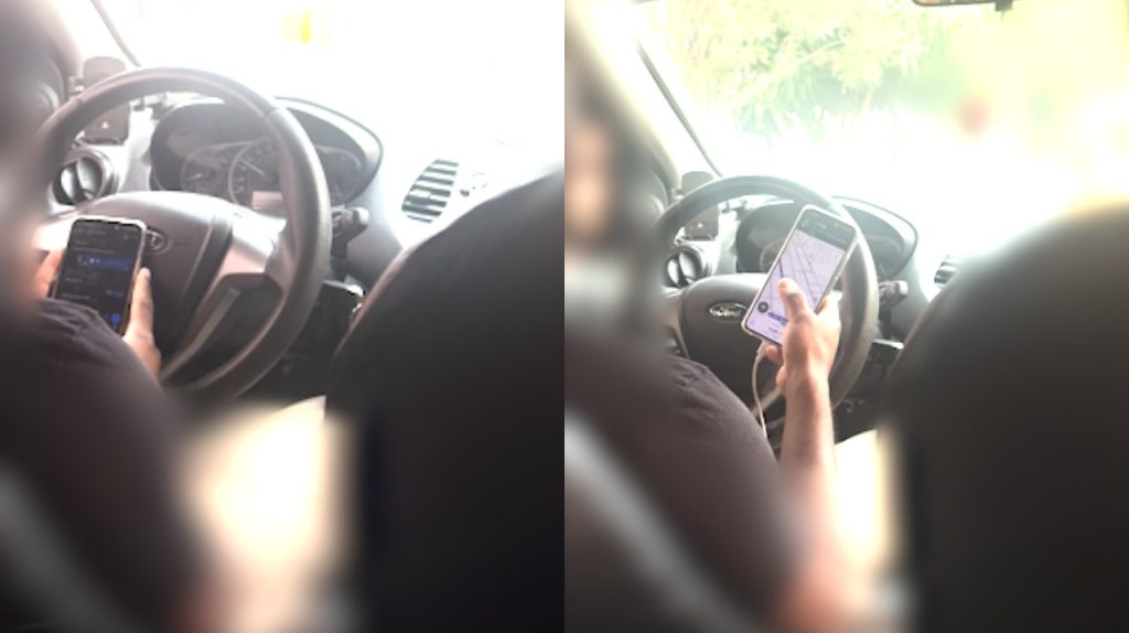 Motorista chega a soltar completamente o volante ao fazer uma rotatória, dividindo a atenção entre olhar para a via e mexer em aplicativos.