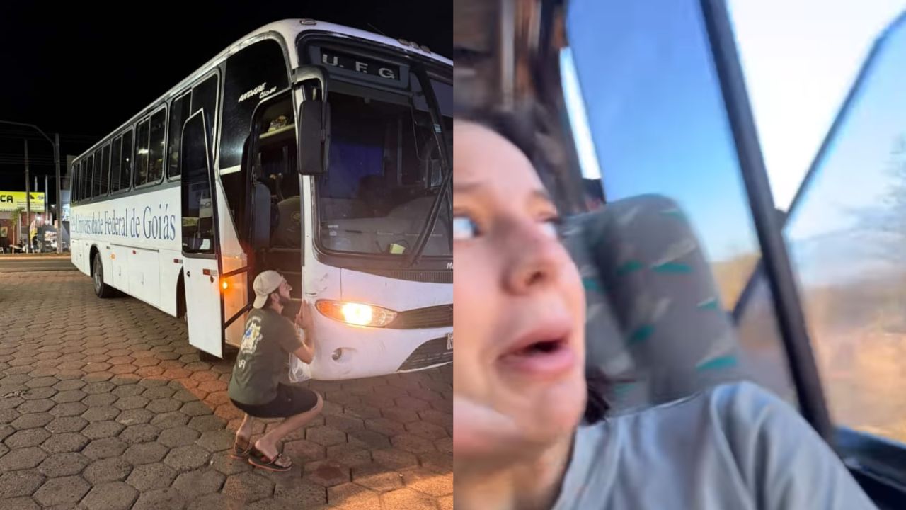 Estudante flagra momento que janela de ônibus da UFG despenca durante viagem
