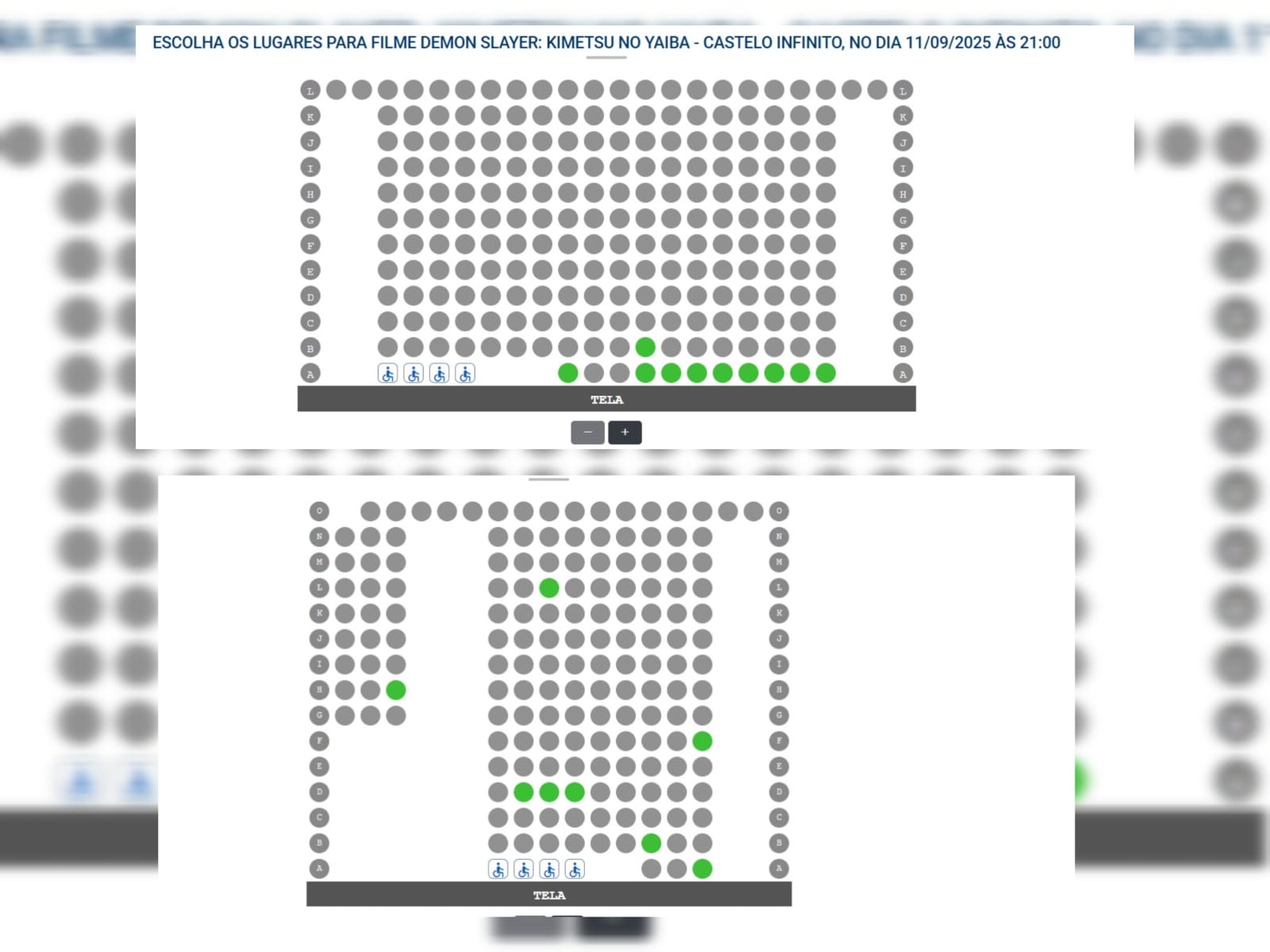 Ingressos para sessões das 21h (acima) e 18h20 (abaixo) estão quase totalmente esgotados. (Foto: Reprodução)