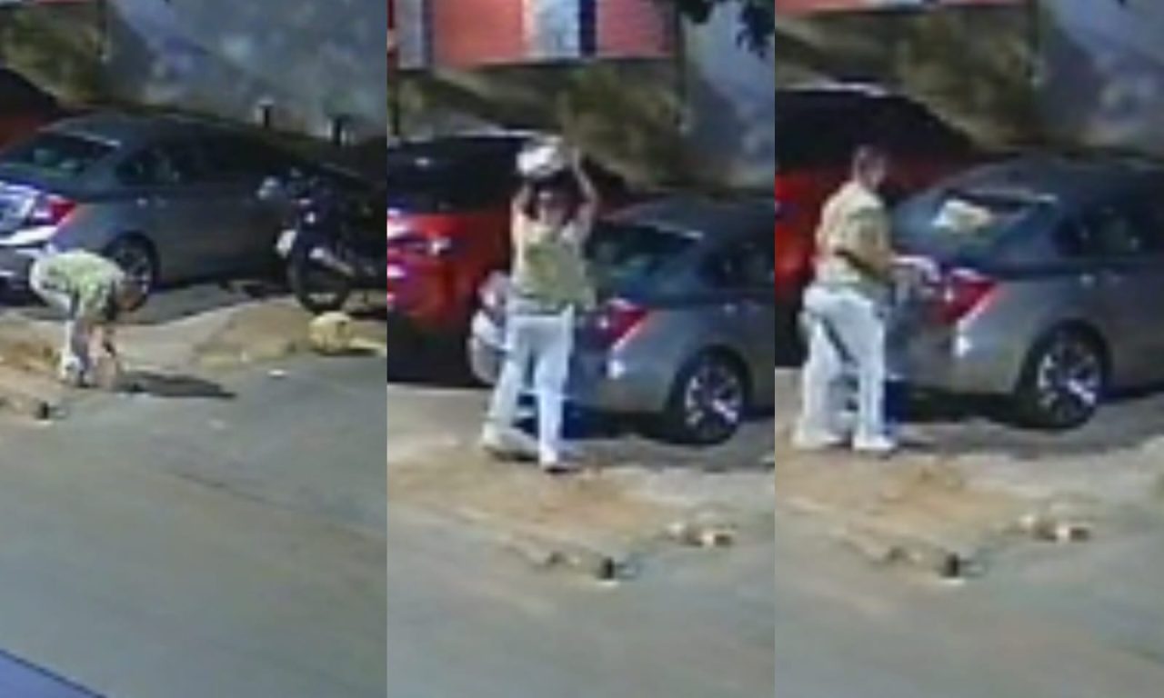 Câmeras registraram o momento em que indivíduo joga pedaço de concreto no carro. (Foto: Reprodução)