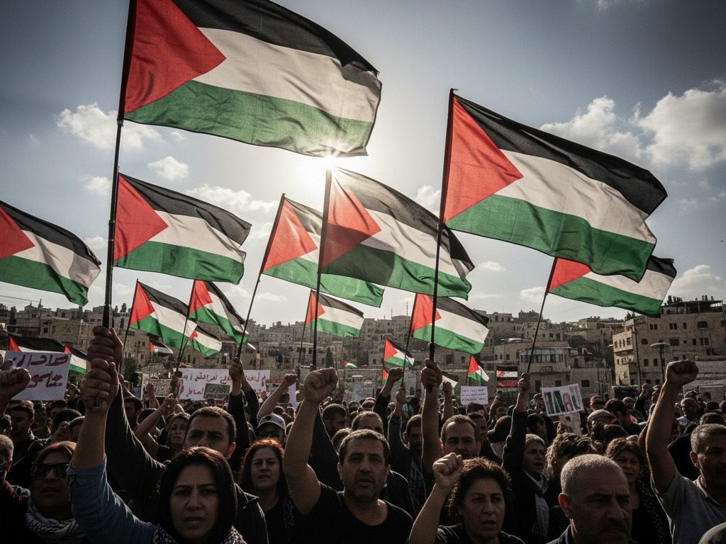 Bandeiras palestinas simbolizam apoio ao reconhecimento internacional da Palestina