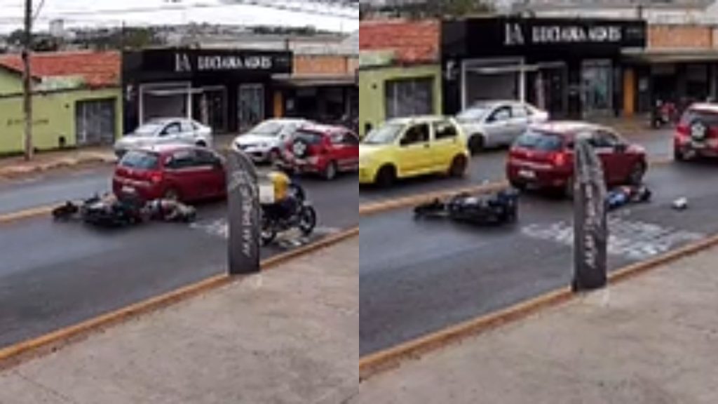 Câmeras flagraram o momento da colisão do motociclista.