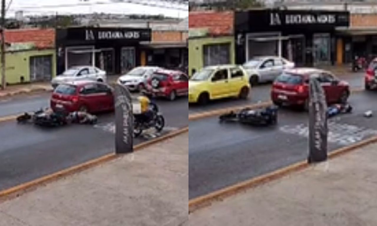 Câmeras flagraram o momento da colisão do motociclista.