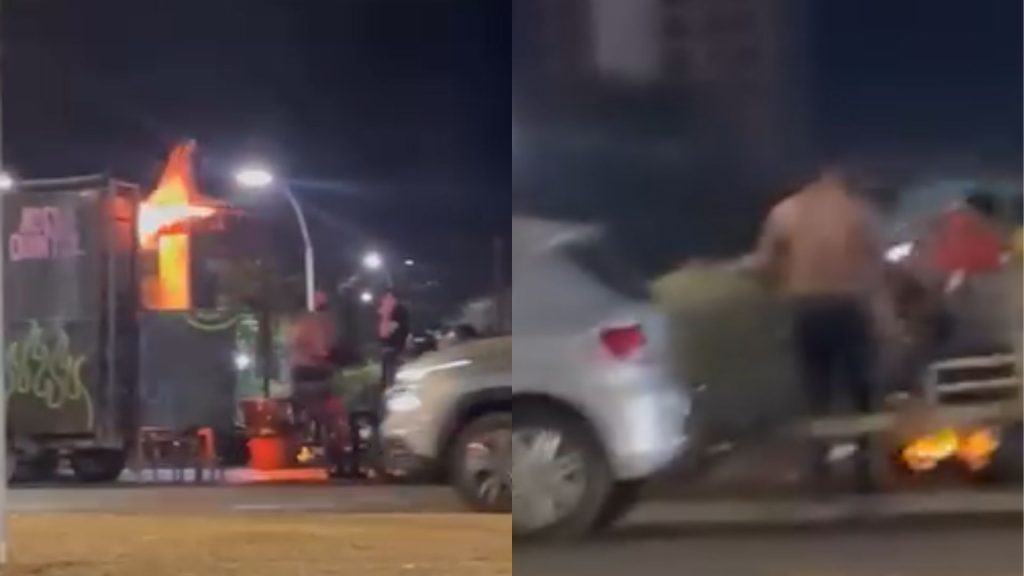 Vítimas sofreram queimaduras após food truck pegar fogo em frente à UniEVANGÉLICA.