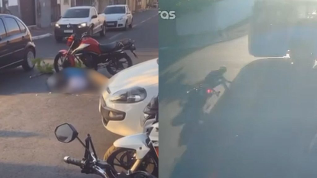 Câmera flagrou quando motociclista se desequilibra e é atropelado por ônibus.
