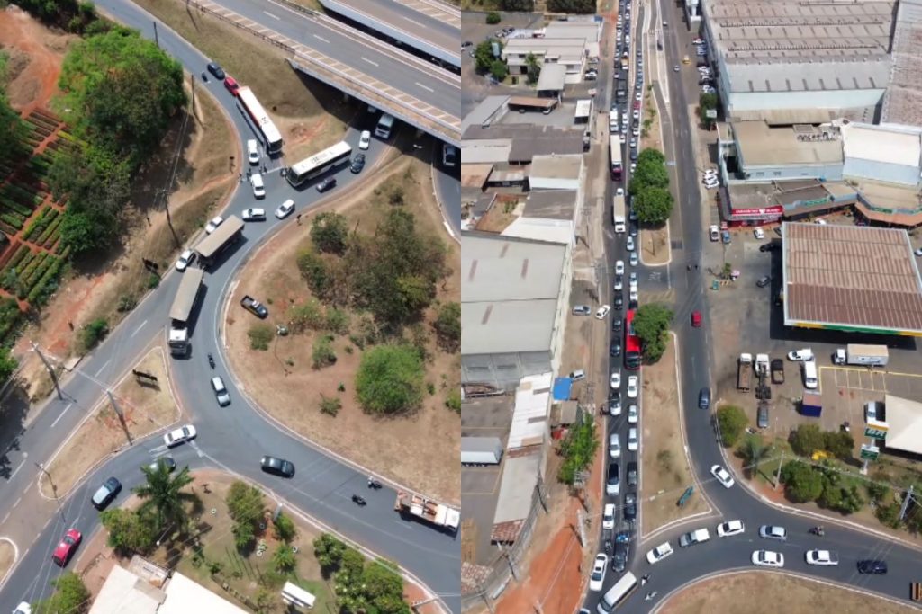 Vídeo mostra congestionamento quilométrico após carreta estragar no trevo do Recanto do Sol
